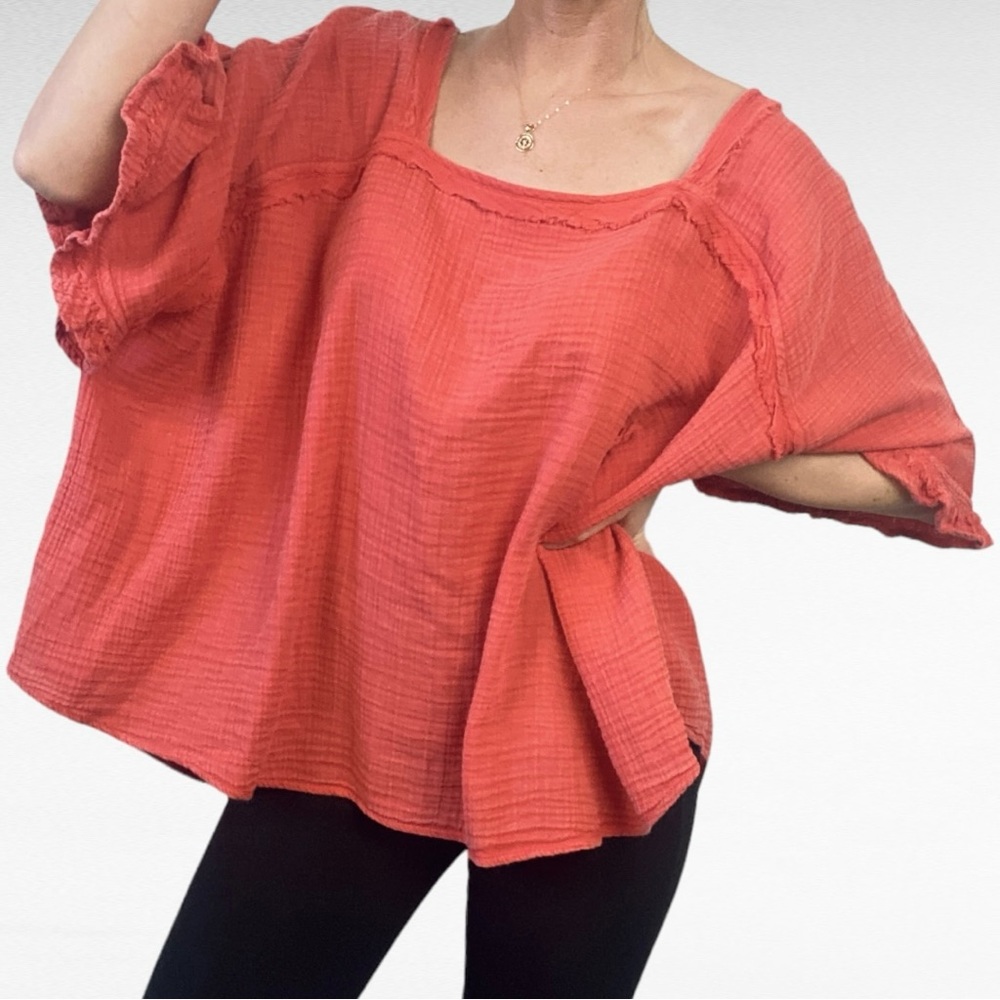 Wonderly | Orange Art Wovens Raw Detail Relaxed Fit Square Neck Plus Size Blouse